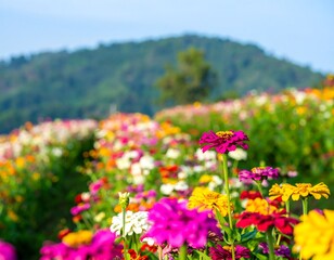 Vibrant zinnia flowers in a field, mountains in soft focus background