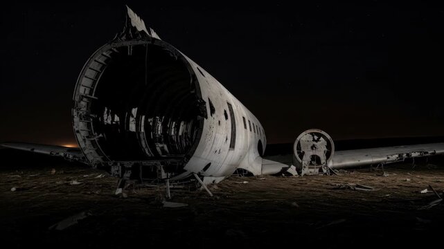 Wreckage of airplane under starry night. Travel adventure with crashed plane at night, exploration of historical landmark, dark mood scenery.