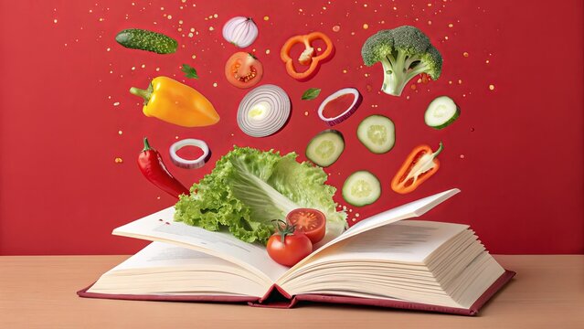 Open cookbook with fresh vegetables exploding outwards on red background