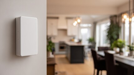 Fototapeta premium Medium shot of a residential battery storage system mounted on a wall main unit in sharp focus with blurred home interior in background showcasing clean energy storage.