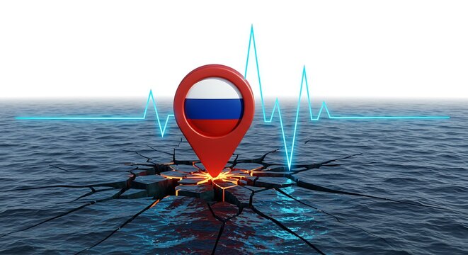 Russia's economic state visualized with location pin and dramatic cracked ground