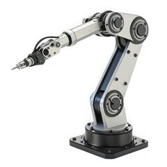 Industrial robotic arm with multiple joints and gripper isolated on transparent background