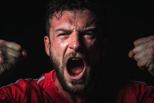 Sweaty rugby player screaming and raising fists in celebration after winning important match