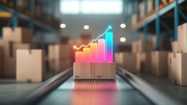 Glowing bar chart symbolizing e commerce growth and sales success is displayed on conveyor belt in warehouse, emphasizing efficient logistics and modern business strategies