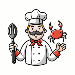 Friendly Seafood Chef Cartoon Holding Crab and Kitchen Utensils Cooking Fresh Seafood Vector Illustration for Culinary and Restaurant Design
