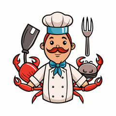 Friendly Seafood Chef Cartoon Holding Crab and Kitchen Utensils Cooking Fresh Seafood Vector Illustration for Culinary and Restaurant Design