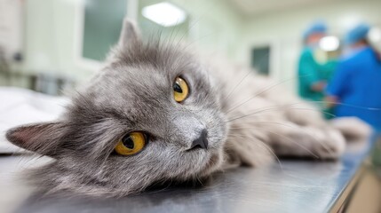 Gray cat lying on examination table at vet clinic close up view looking at camera veterinary hospital setting