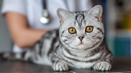 Silver tabby cat lying on examination table at vet clinic close up portrait pet healthcare animal care