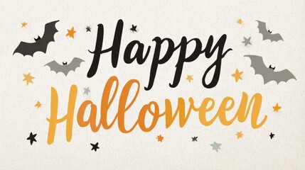 Retro-styled Halloween poster featuring bats, stars, and the phrase Happy Halloween in bold fonts on a textured background