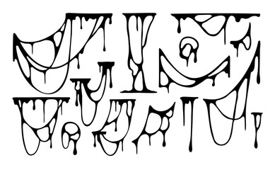 Set of viscous black liquid silhouettes. Sticky slime stains drops. Hand drawn oil drip vector elements for design and decor.