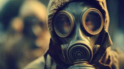 Vintage gas mask with round lenses close up