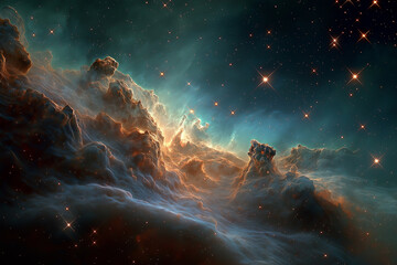 Fototapeta premium A vibrant nebula in a distant galaxy, a cradle of star formation. A concept for the origins of stars, the science of astronomy, and the beauty of space.