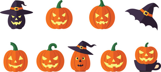 Flat vector illustration of halloween pumpkins and witch hats on a light orange background