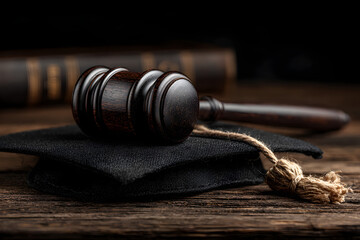 A black gavel and a black graduation cap. Education aw concept.