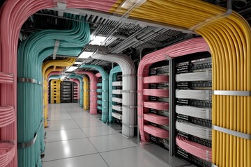 Network cables neatly arranged and connecting servers in a data center, ensuring seamless data flow and connectivity