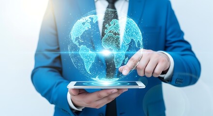 Businessman interacting with a holographic glowing digital globe projected from a smartphone