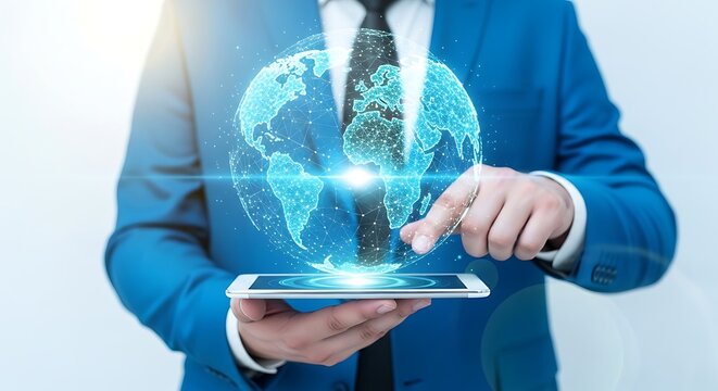 Businessman interacting with a holographic glowing digital globe projected from a smartphone - Powered by Adobe