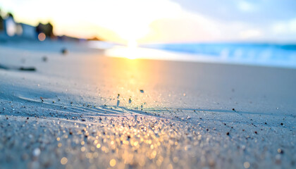 Tranquil Beach Scene with Gentle Waves and Golden Sunset Reflections on the Sandy Shore