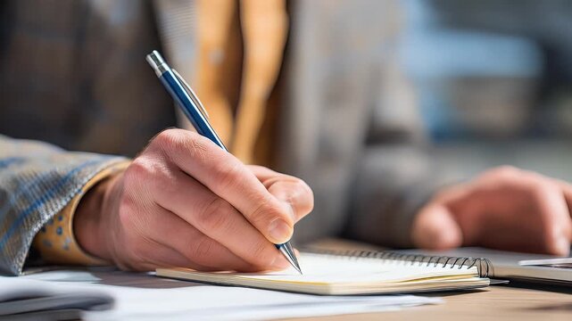 Close-up of a hand writing in a spiral-bound notebook