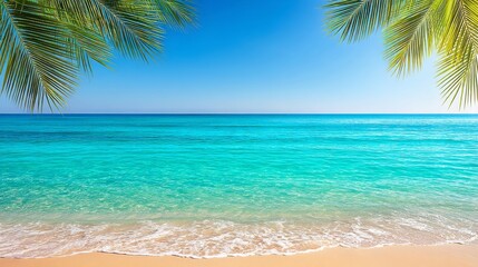 Obraz premium A serene beach scene with turquoise ocean under clear blue sky, lush green palm fronds framing the view,