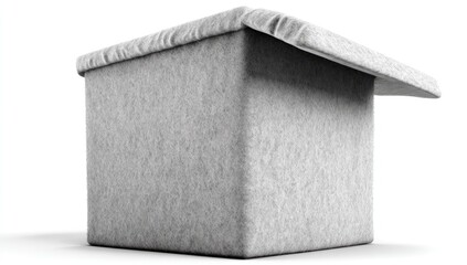 A gray, textured, cubic structure with a slightly overhanging roof, set against a plain white background.