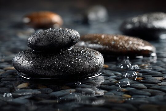 Two wet black stones balancing on each other in shallow water with dew drops, creating a serene and meditative mood