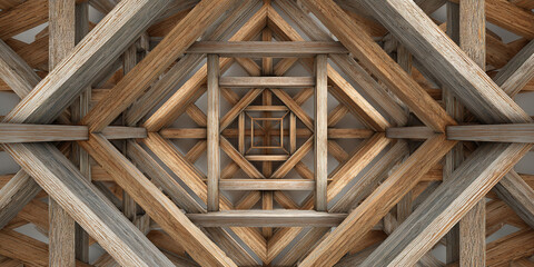Symmetrical wooden framework tunnel with perspective depth, industrial construction design visual - AI generated