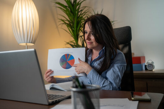 Businesswoman presenting data during video conference call for new project in modern professional home office
