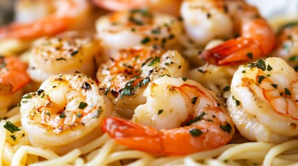 Closeup of grilled shrimp and pasta dish, featuring succulent prawns seasoned with herbs and spices, served over a bed of linguine noodles