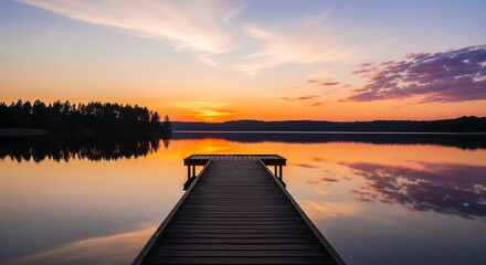 Obraz premium A tranquil wooden pier stretches into a calm lake, perfectly mirroring the vibrant hues of a breathtaking sunset, creating a serene and reflective natural landscape