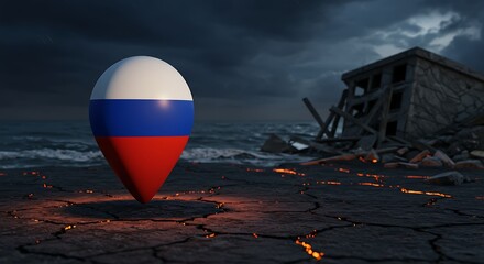 Obraz premium Russian flag pin icon against a backdrop of war and destruction