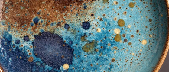 Macro shot of ceramic plate showing blue brown and gold glaze with speckled texture and artisan craftsmanship studio shot