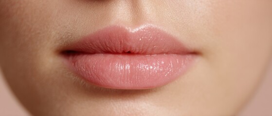 Obraz premium Close-up of Woman's Lips with Gloss, Beauty Shot, Cosmetic Enhancement, Pink Hue, Smooth Skin, Healthy, Plump, Youthful, Studio Lighting