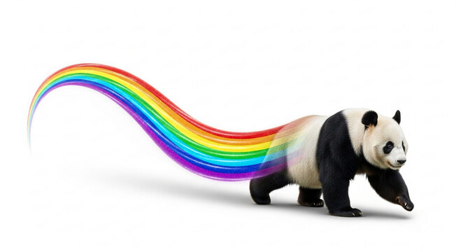 A giant panda walks on a white background, leaving a vibrant rainbow trail behind it.
