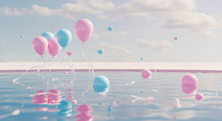 Pastel pink and blue balloons floating on serene water surface with reflections under a soft sky