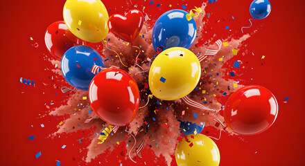Vibrant Party Balloons and Confetti Explosion on Red Background