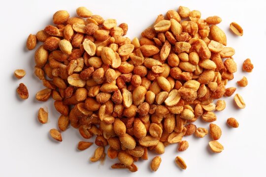 Delicious roasted peanuts arranged in a heart shape, creating a visually appealing image on a clean white background - Powered by Adobe