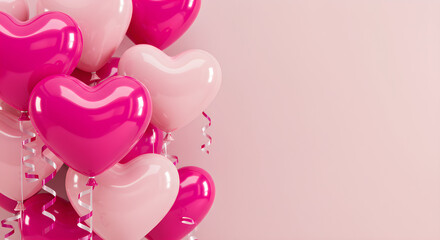 Romantic Pink Heart Balloons with Copy Space on Pastel Background