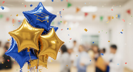 Graduation celebration with festive star balloons and falling confetti.
