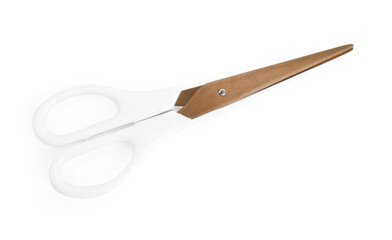 One pair of scissors isolated on white, top view