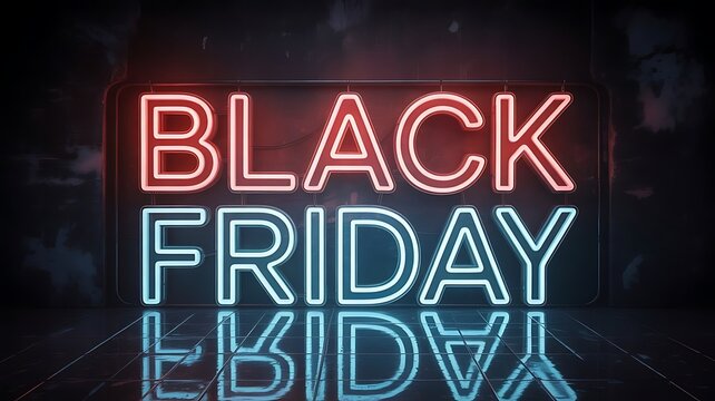 Black Friday neon blue glowing text with geometric background design