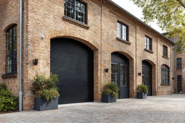 Fototapeta premium Modern industrial building exterior featuring black garage doors, brick walls, and a cobblestone driveway