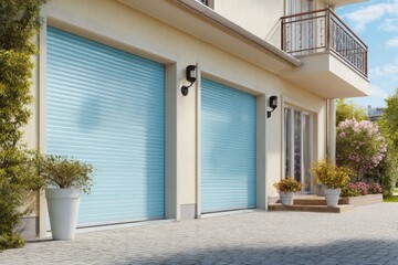 Exterior of a contemporary home showcasing stylish light blue roller shutter garage doors