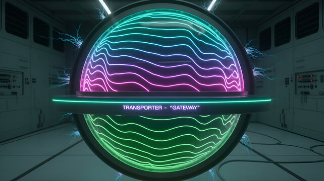 A futuristic portal with neon lights and a holographic display in a spaceship - Powered by Adobe