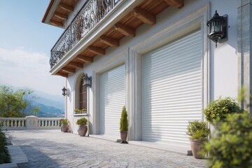 Modern white roller shutter garage doors protecting a luxury villa with a mountain view