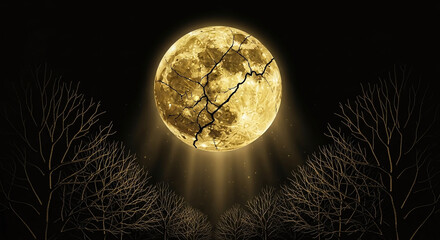 Gold moon with black kintsugi patterns casting light on black trees with gold highlights.