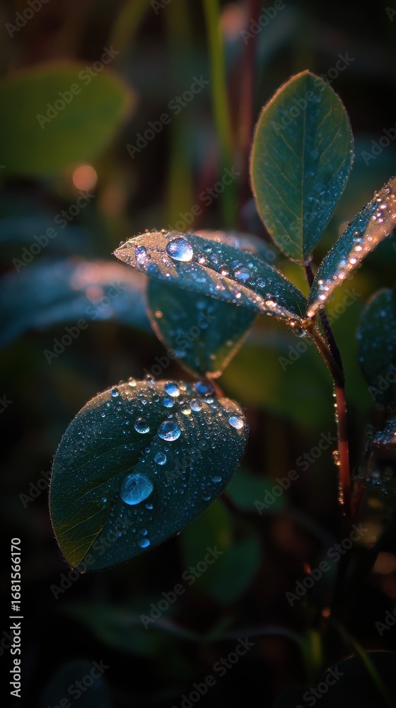 Wall mural dew drops clinging to leaves in a close up shot at dawn with a shallow depth of field in a natural s