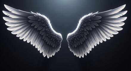 Majestic angel wings unfold against a dark backdrop.