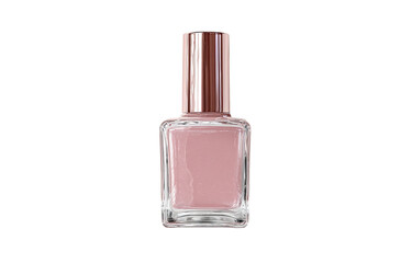 Square, clear glass nail polish bottle filled with a light pinkish-nude shade, featuring a rose gold colored cap