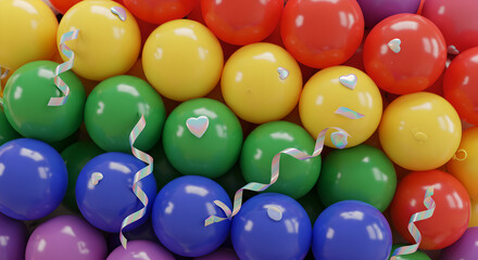 Vibrant colorful balloons with confetti and ribbons for celebrations and party background